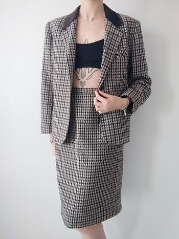 Ensemble tailleur jupe pied de poule marron beige laine vintage / C&A - 38/M à 40/L