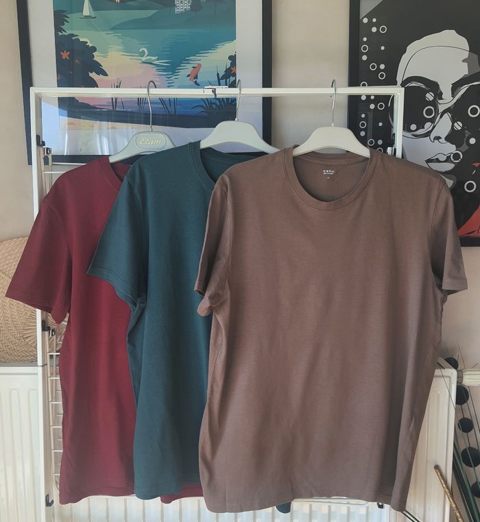 Lot de 3 t-shirts Celio, vert, bordeaux & taupe, taille: M - photo numéro 8