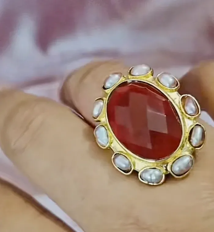 Grosse bague habaha Paris cornaline pierres d’eaux douce acier inoxydable or - photo numéro 4