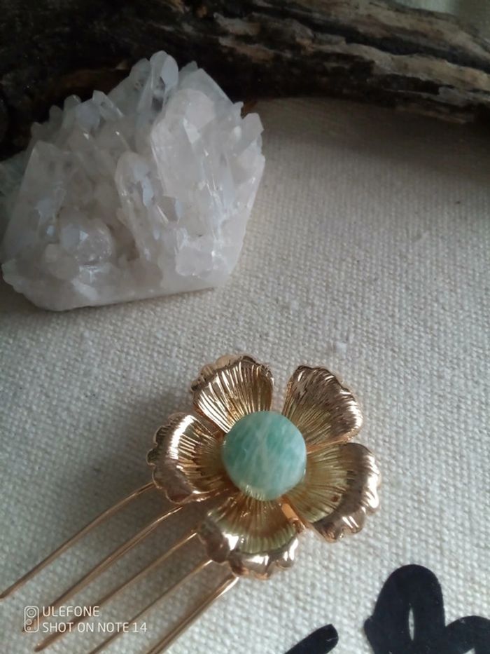 Barrette peigne fleur d'amazonite naturelle - photo numéro 3