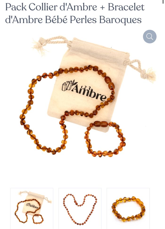 Pack Collier d'Ambre + Bracelet d'Ambre Bébé Perles Baroques -neuf avec sa pochette en lin - photo numéro 2