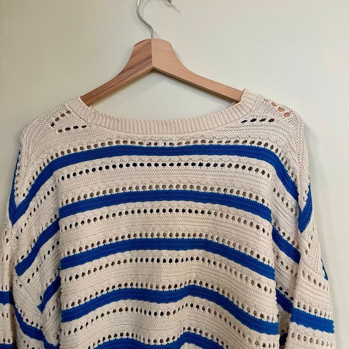 Pull ajouré coton rayé bleu blanc écru BZB taille L 100 % coton maille printemps été légère V060 - photo numéro 7