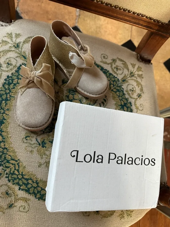 NEUF Chaussures bottines bébé cuir 23 Lola Palacios fille beige or dorées paillettes noeud - photo numéro 6