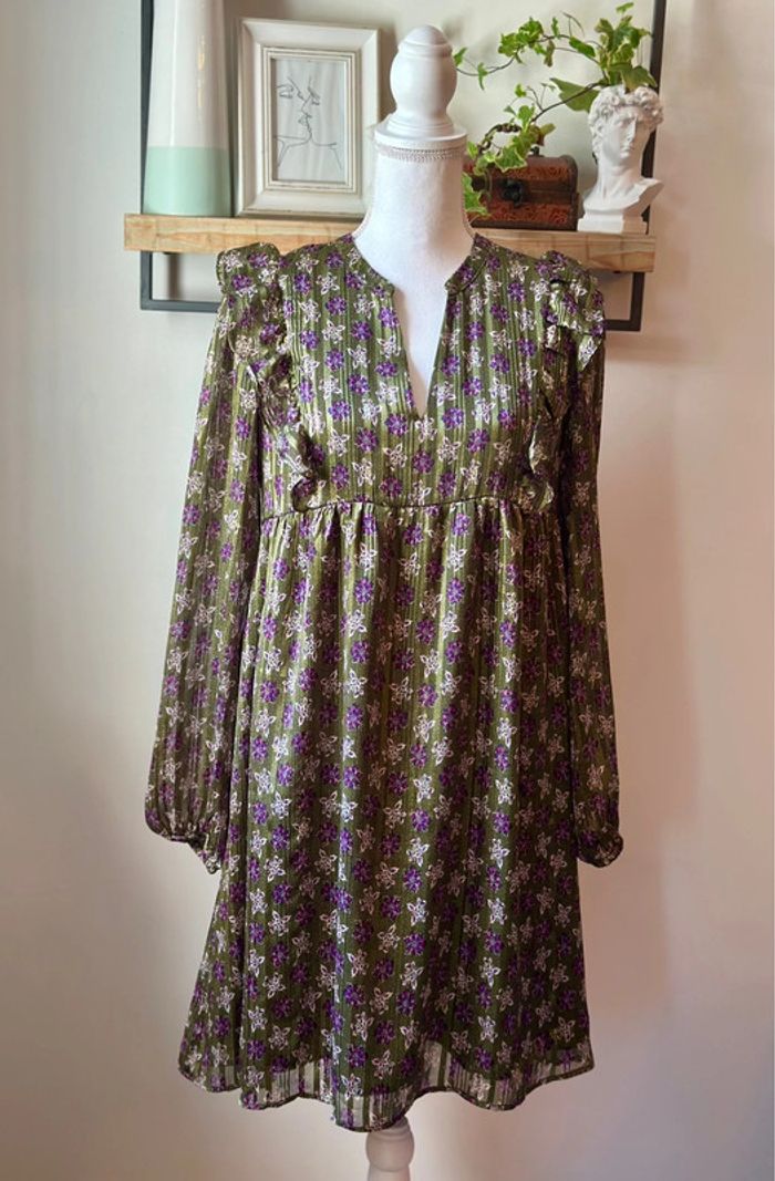 Robe bohème à fleurs kaki et violettes Promod – Taille 38 - photo numéro 2