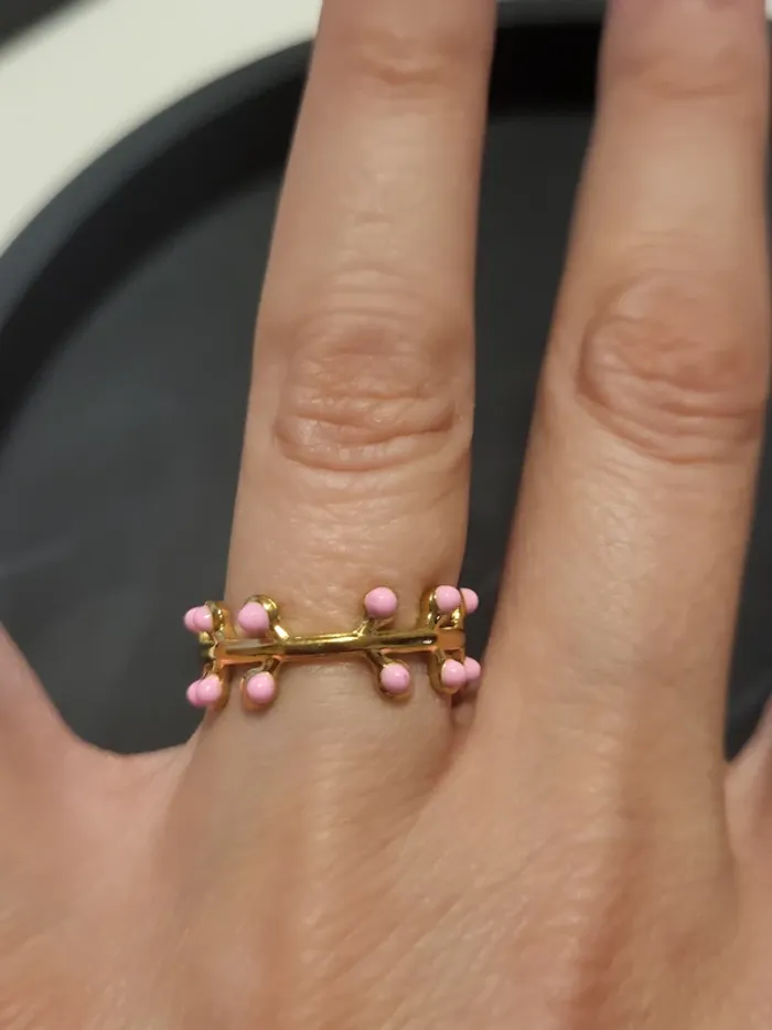 Bague acier inoxydable doré ajustable epi boules roses - photo numéro 3
