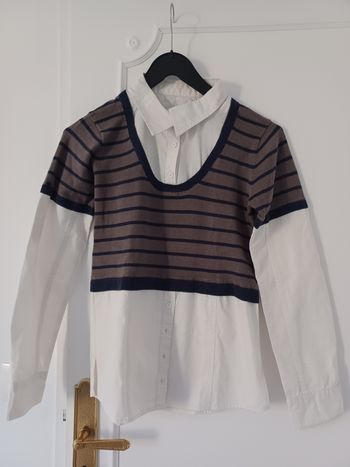 Pull chemise marinière blanche rayé beige et marine 14 ans