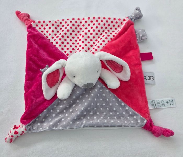Doudou Lapin carre plat rose , fushia et gris - Étoiles- Obaibi