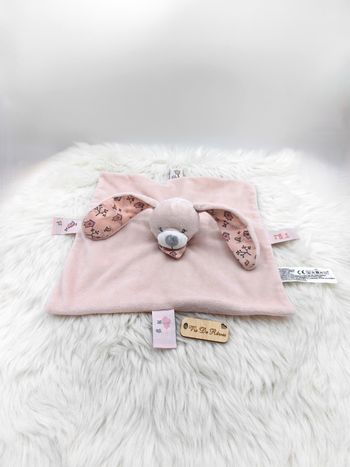 Doudou plat carré Lapin rose blanc fleurs oiseaux My Little Bird Bout'chou