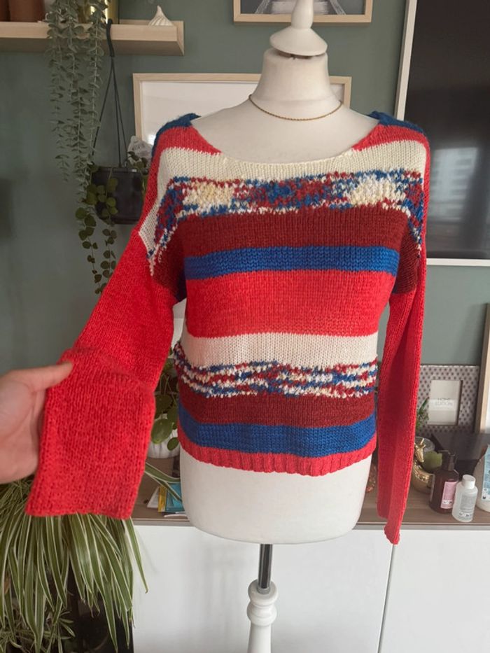 Pull en maille ajouré légère Promod taille XS rouge bleu blanc crème