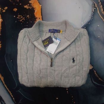 Half zip Ralph Lauren gris 1/4 col camionneur torsadé logo brodé noir taille M