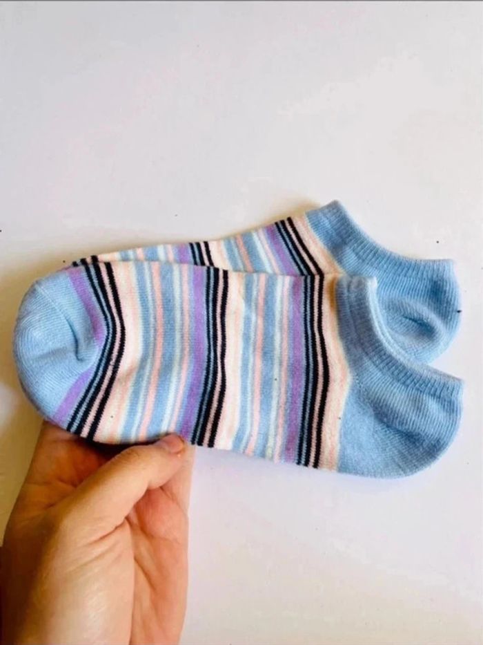 Sublime paires chaussettes neuve soquète bleu ciel rayures - photo numéro 2