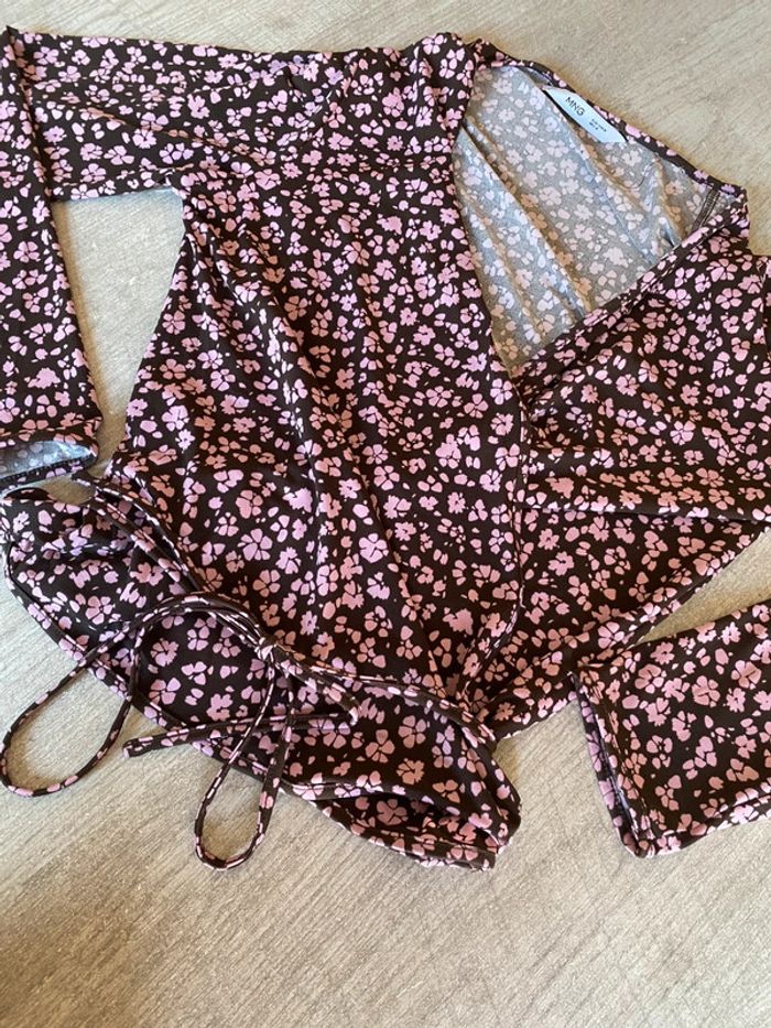 Haut cache-cœur fleuri rose & marron - photo numéro 2
