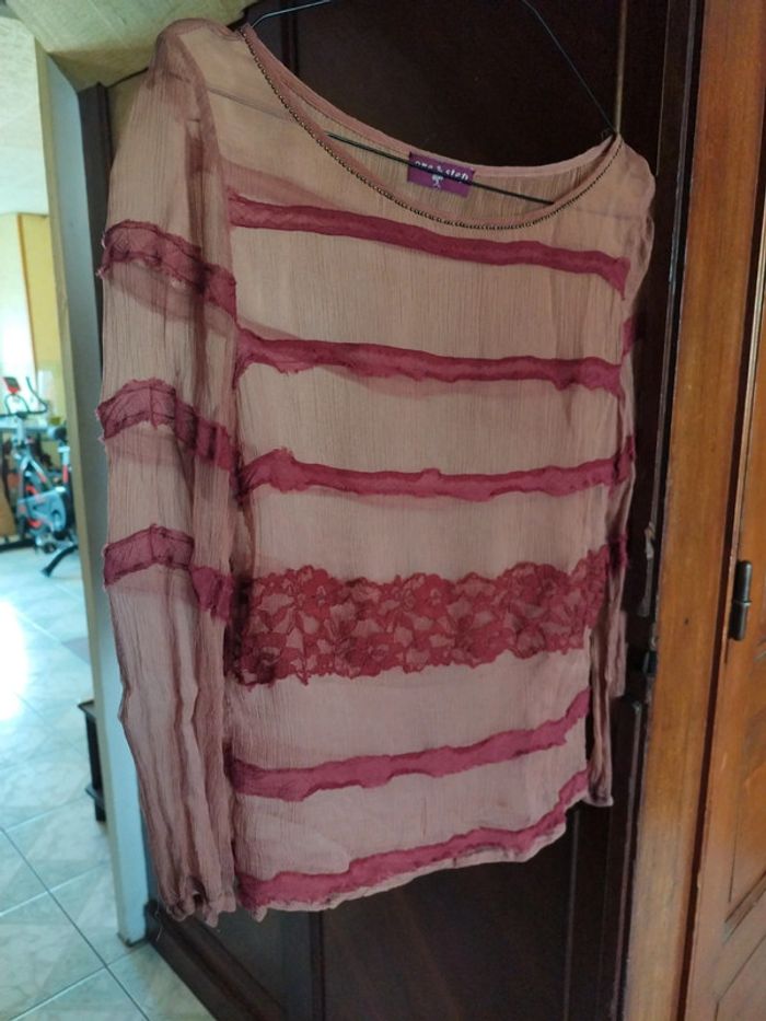 Top blouse rose dentelle col perles vintage M/38 - photo numéro 7