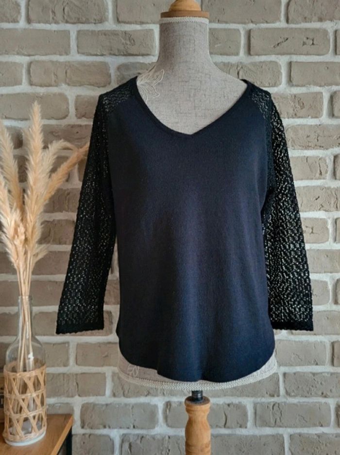 Pull noir manches en dentelle au crochet La Redoute S 36 - photo numéro 8