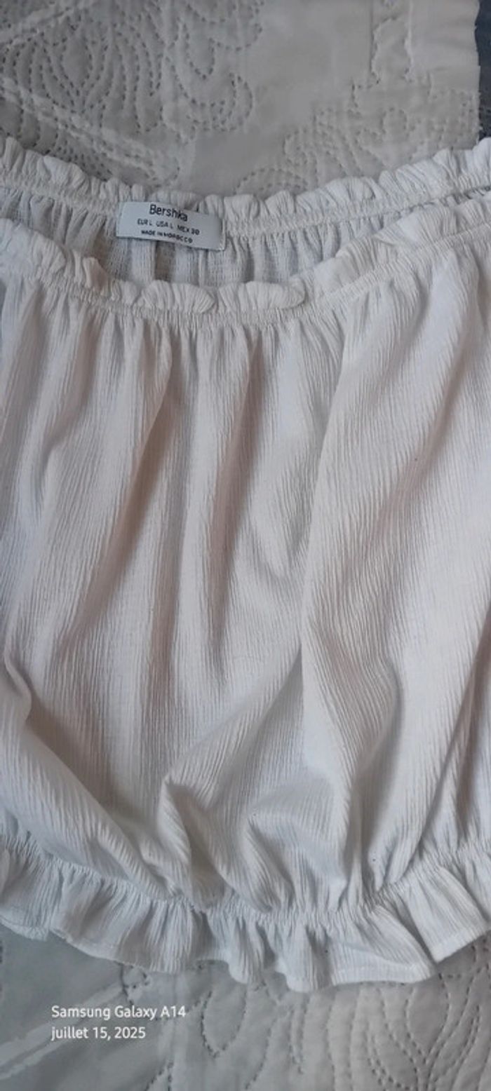 Blouse courte col Bardot elastique aspect plissé blanc femme L bershka - photo numéro 11