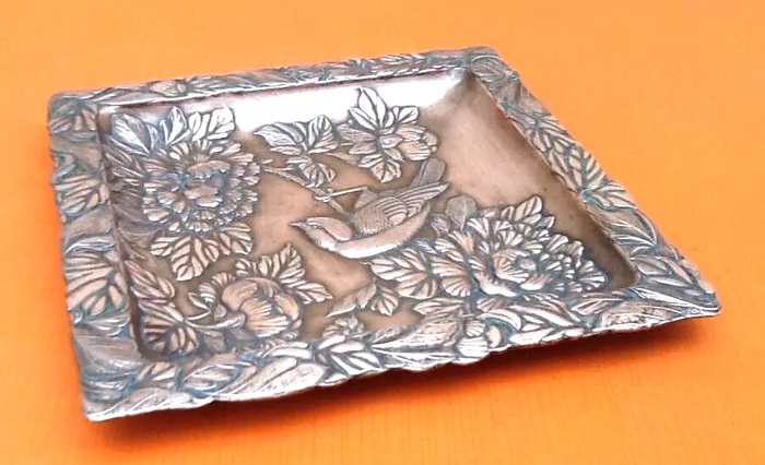 Art Nouveau Vide poche / Baguier Décor floral printanier hirondelle / fleurs Régule cuivré - photo numéro 6