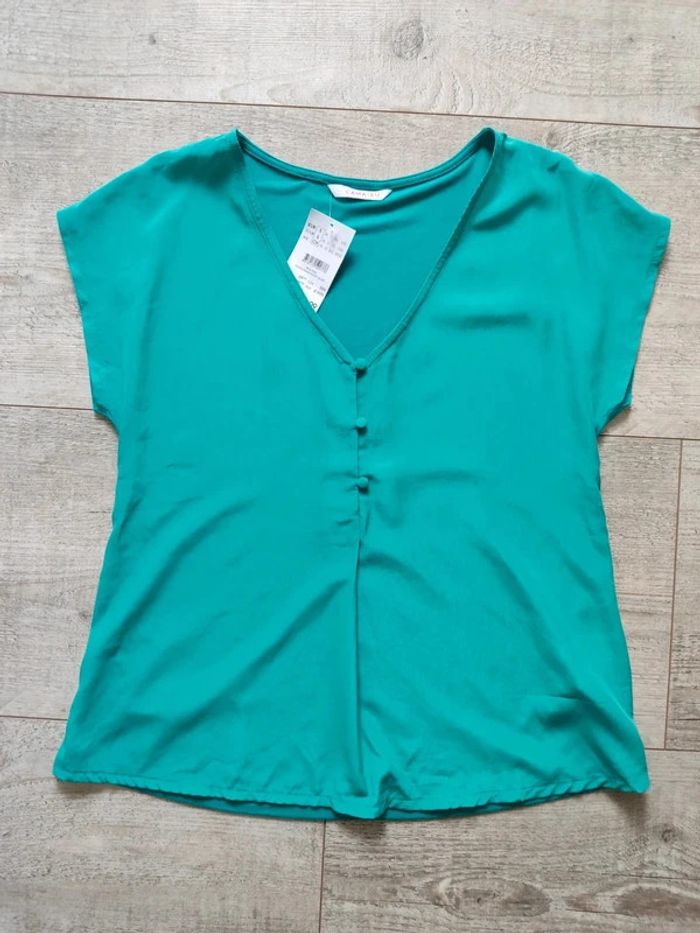 Blouse manches courtes turquoise col boutonné taille S Camaïeu neuve - photo numéro 5