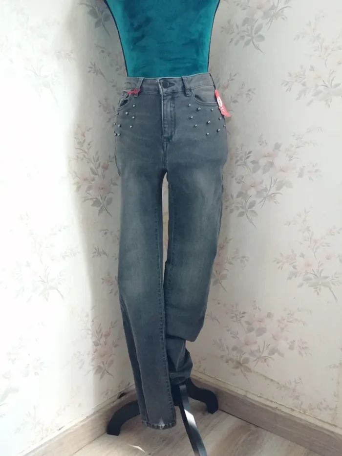 Jeans gris foncé skinny taille haute high waist avec perles / camaïeu / (40) - photo numéro 2