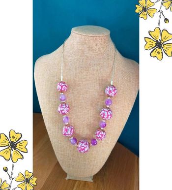 Collier vintage fait main – Perles roses en polymère & perles violettes – Collection Nuances de Rose