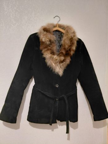 Veste ,Manteaux noir en cuir avec fourure