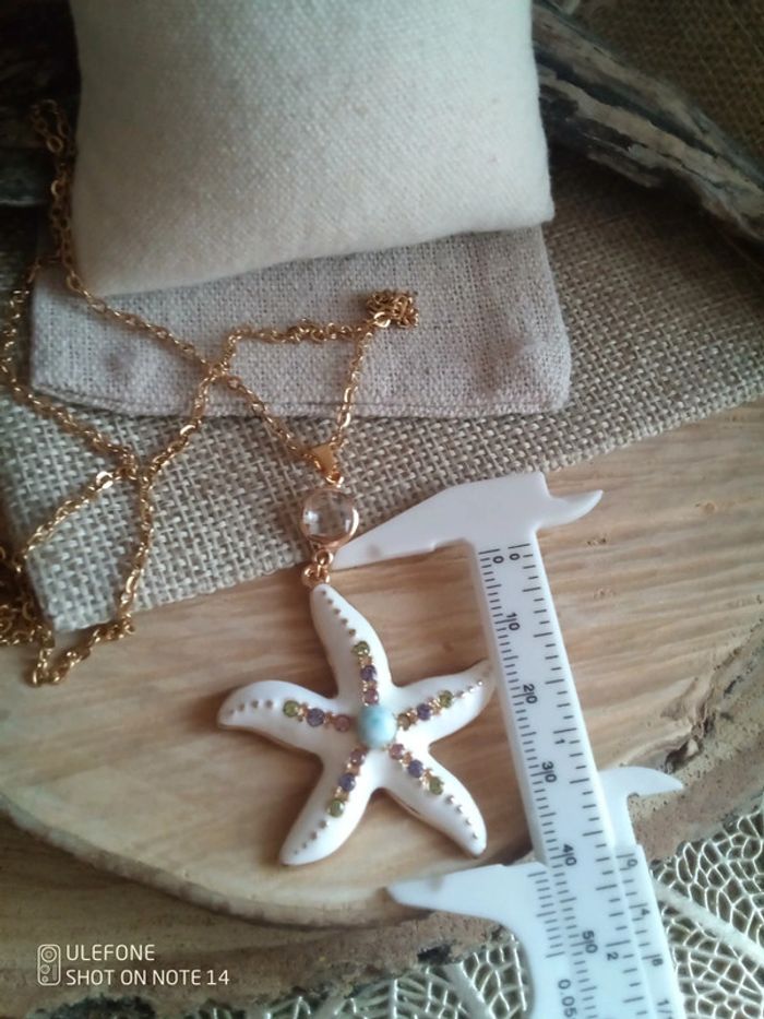 Collier bohème étoile de mer et pierre de larimar et cristal de roche - photo numéro 2