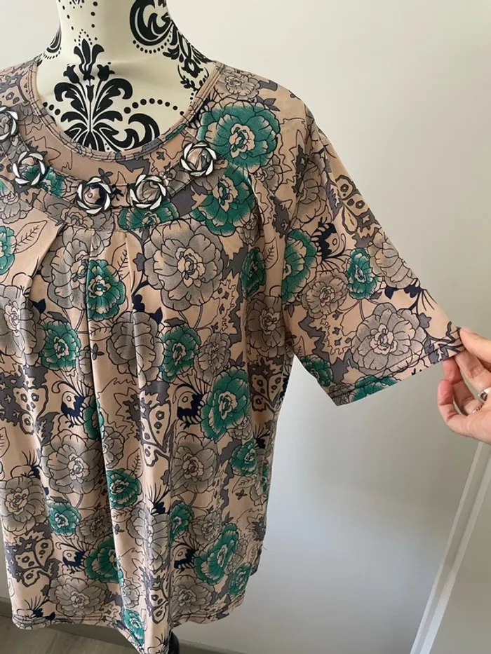 T-shirt tunique manches courtes col bijou rond rose à motifs fleuris vert noir honghong très 42 - photo numéro 2
