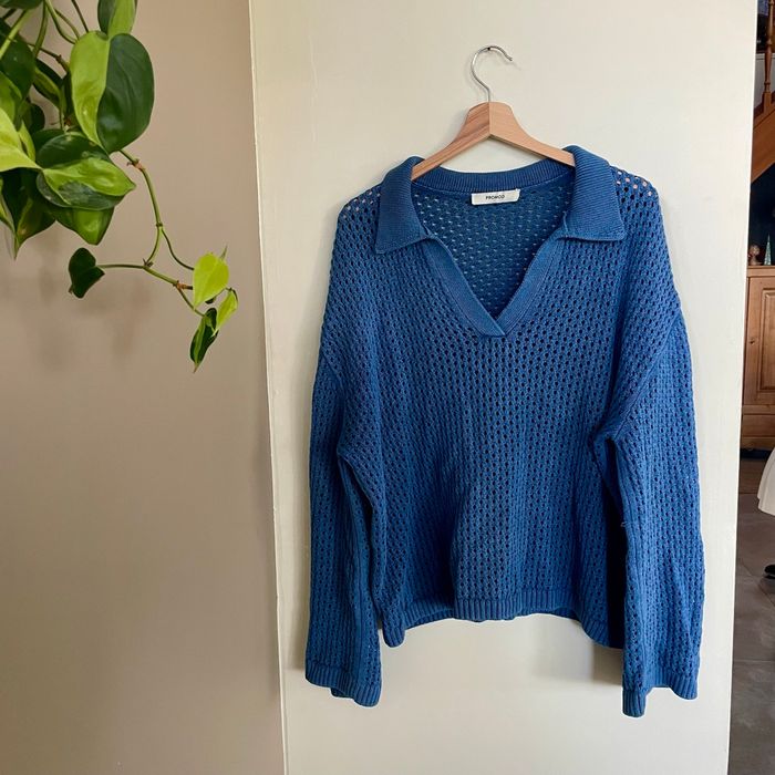 Pull ajouré bleu col polo Promod taille XL coton mélangé maille légère V061