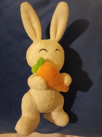 Peluche doudou lapin blanc debout  tenant une carotte orange vintage ancien  yeux noirs dormeurs brodés excellent état