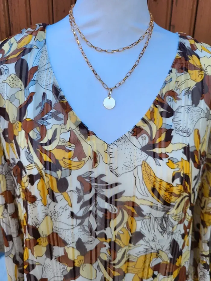 Blouse voile élégante fleuri ivoire moutarde marron riu taille 44 - photo numéro 4