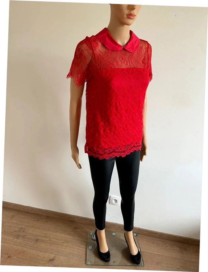 Haut rouge en dentelle à manches courtes Morgan taille S jamais porté - photo numéro 4