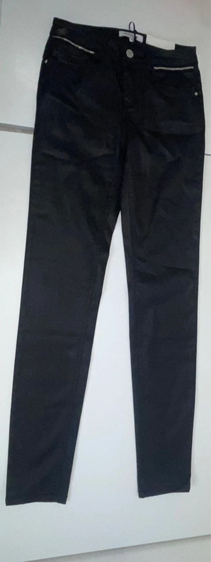 Pantalon slim noir enduit galon chaîne noir - photo numéro 4