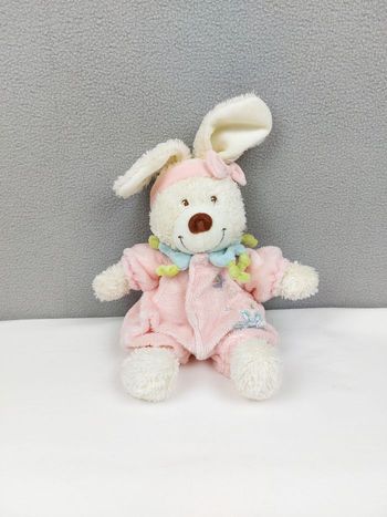 Doudou peluche lapin blanc écru TEX Baby pyjama rose fleur bandeau 25/35 cm TBE