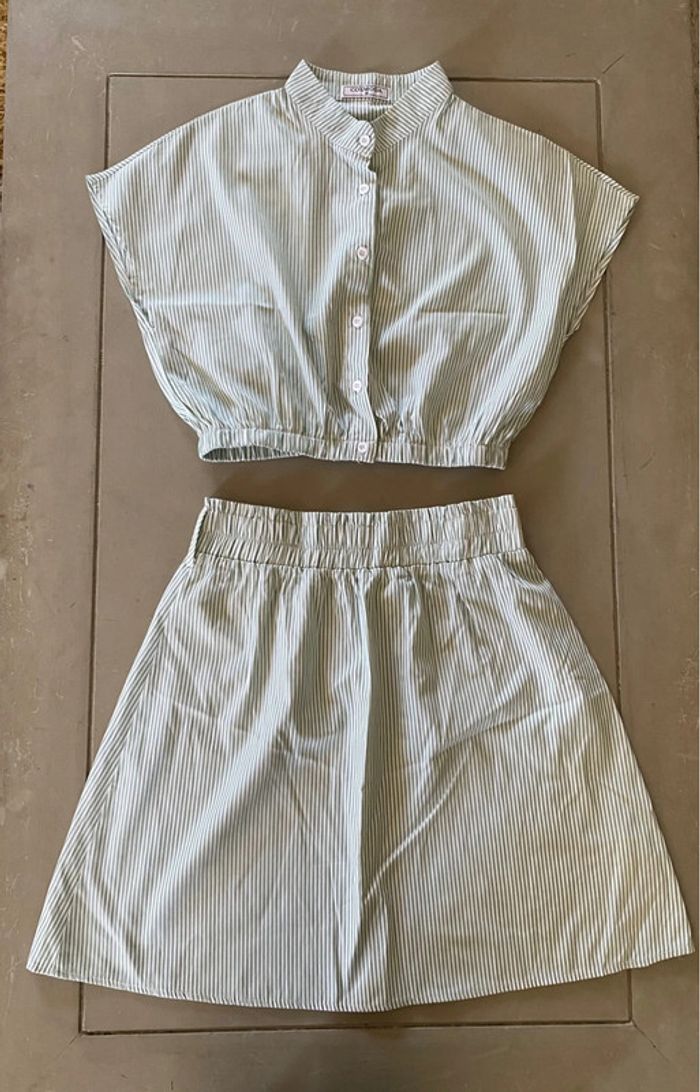 Ensemble chemise et jupe Cos Moda blanc à rayures vertes taille M - photo numéro 7