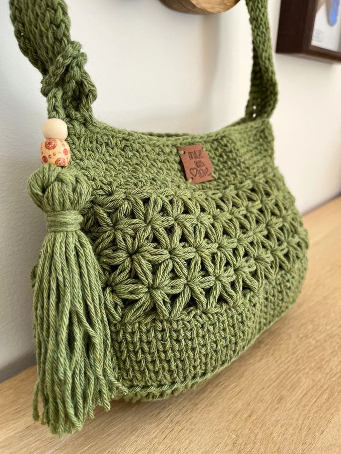 sac bohème au crochet, sac bandoulière, sac à main en coton vert - photo numéro 3