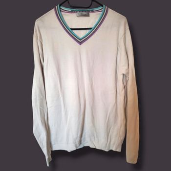 Pull Blanc col V avec rayure coloré marque azzaro indiqué X taille L