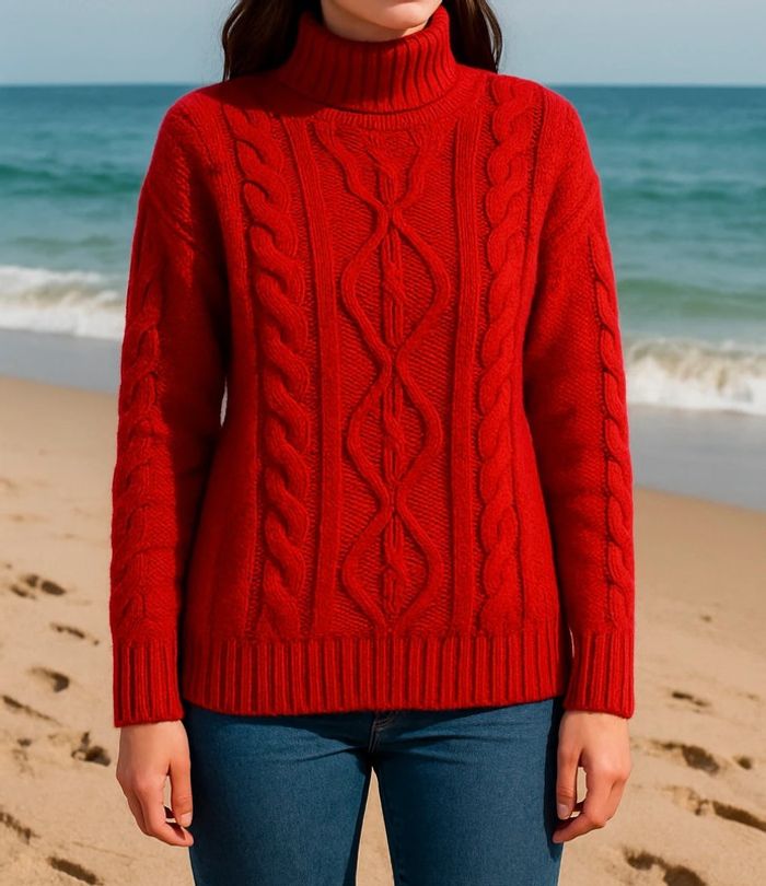 Pull en maille torsadée col roulé rouge Zara