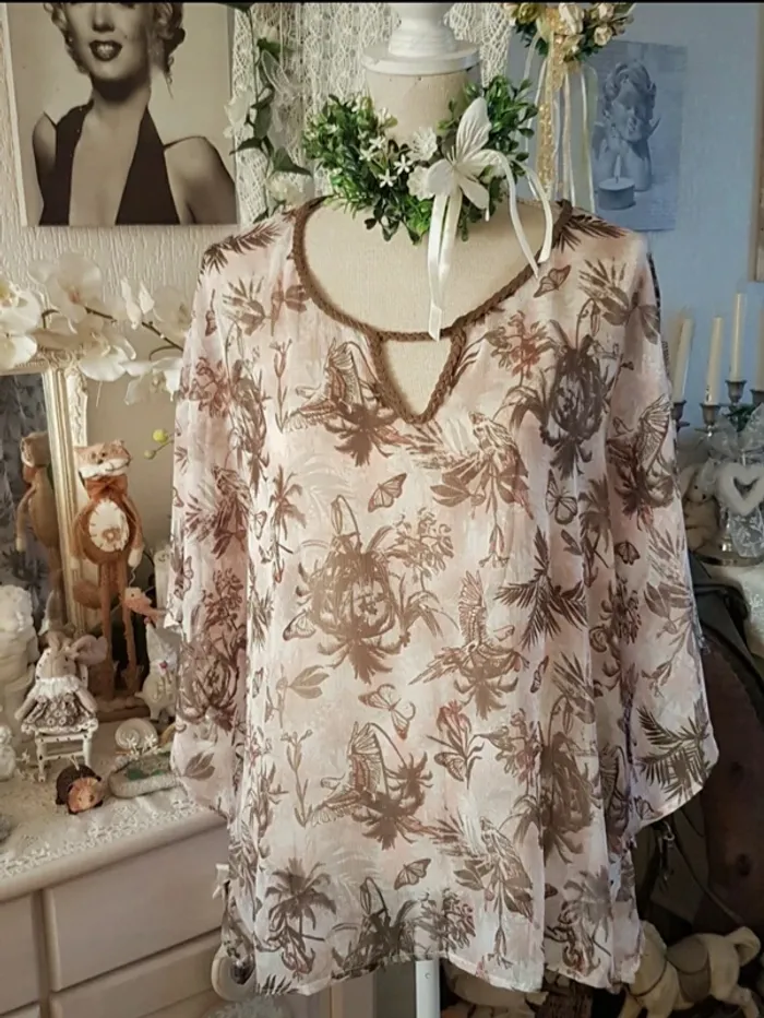 Haut blouse voile kaki /marron Gémo Taille XXL Neuf - photo numéro 2