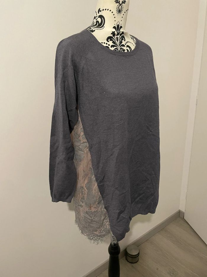 Pull long gris à manches longues dos dentelle doublure rose beauty woman taille L / XL - photo numéro 2
