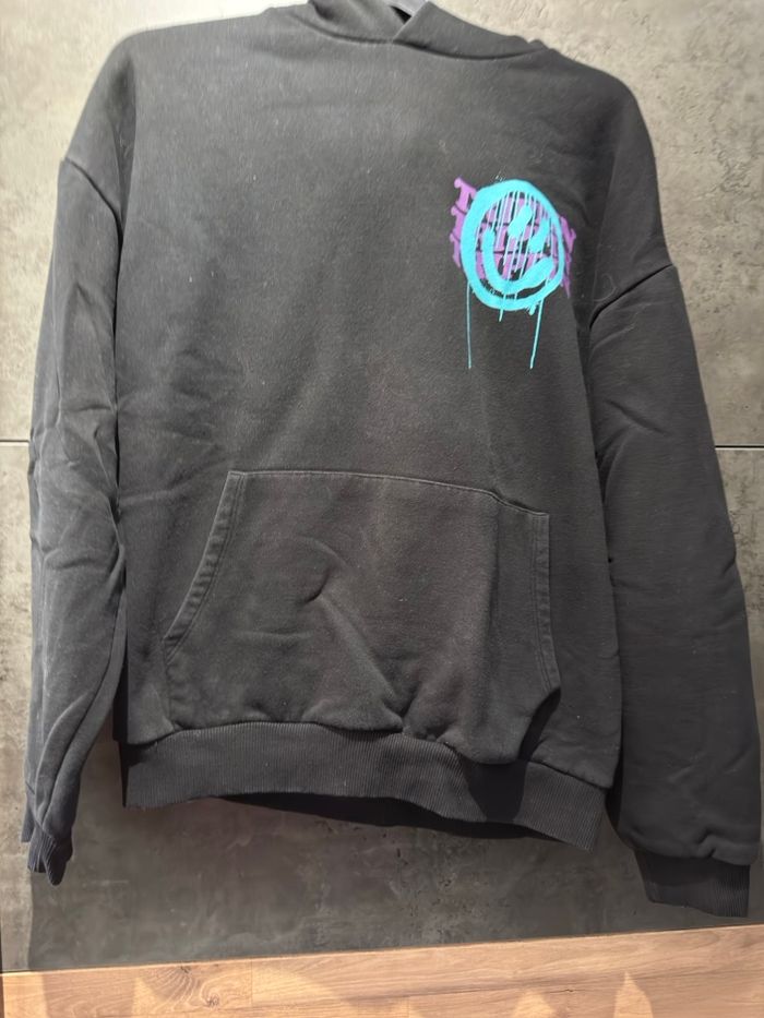 Sweat à capuche noir oversize Black Squad Trippin smiley turquoise XL streetwear