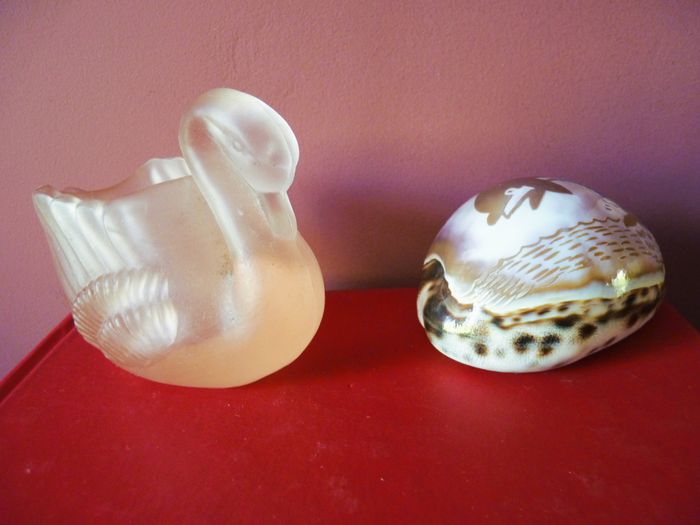 Cygne + coquillage pot accessoire decoration nature rose verre TBE