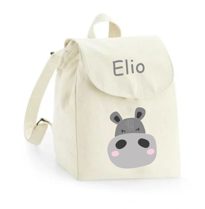Sac à dos maternelle personnalisé prénom - Hippopotame mignon - Sac crèche 100% coton bio - Rentrée enfant - Cadeau garçon ou fille