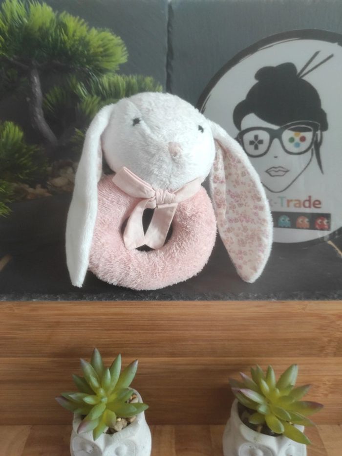 Doudou Hochet Lapin Blanc Rose Fleurs Vintage Noeud #geektradedoudou