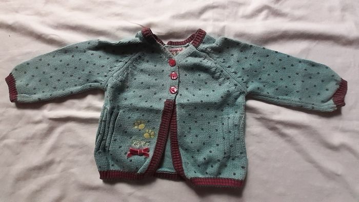 Veste bleue verte à petits pois gris avec bordure rose et grise
