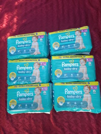 Six paquets de couches Pampers baby-dry taille 4+