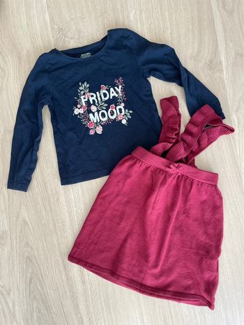 Ensemble t shirt bleu marine fleuri et jupe salopette en maille bordeaux fille taille 3 ans 36 mois