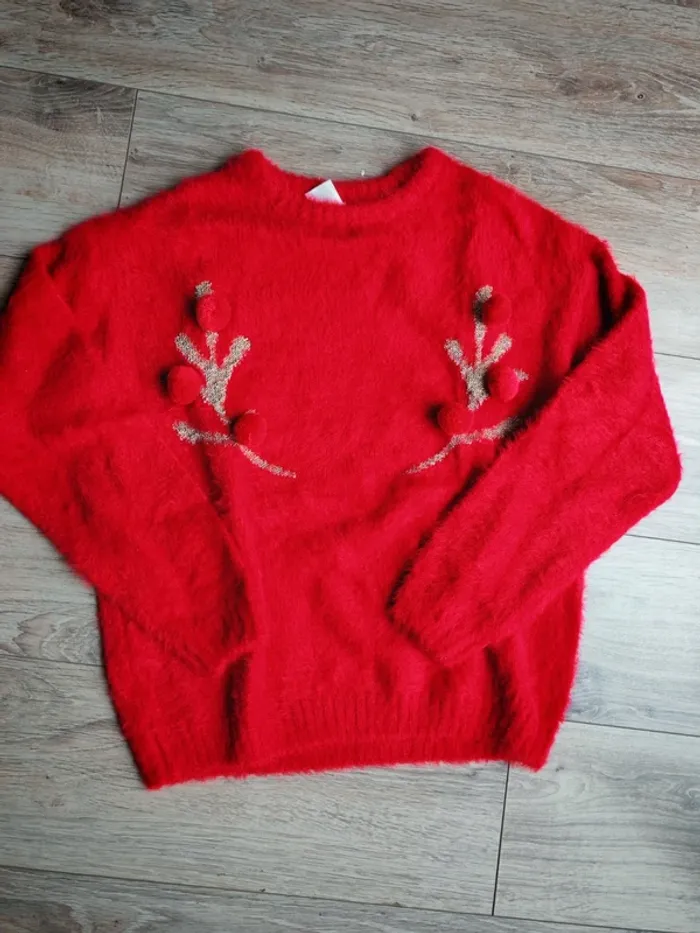 Pull rouge cerf noël pompons Duveteux - photo numéro 4
