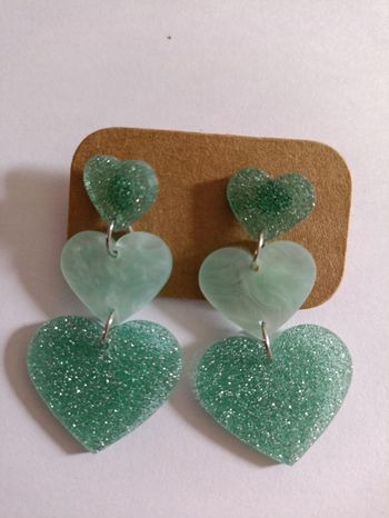 💚 Boucles d'oreilles Triple Cœurs Vert Menthe Pailletés & Marbrés (Neuves)