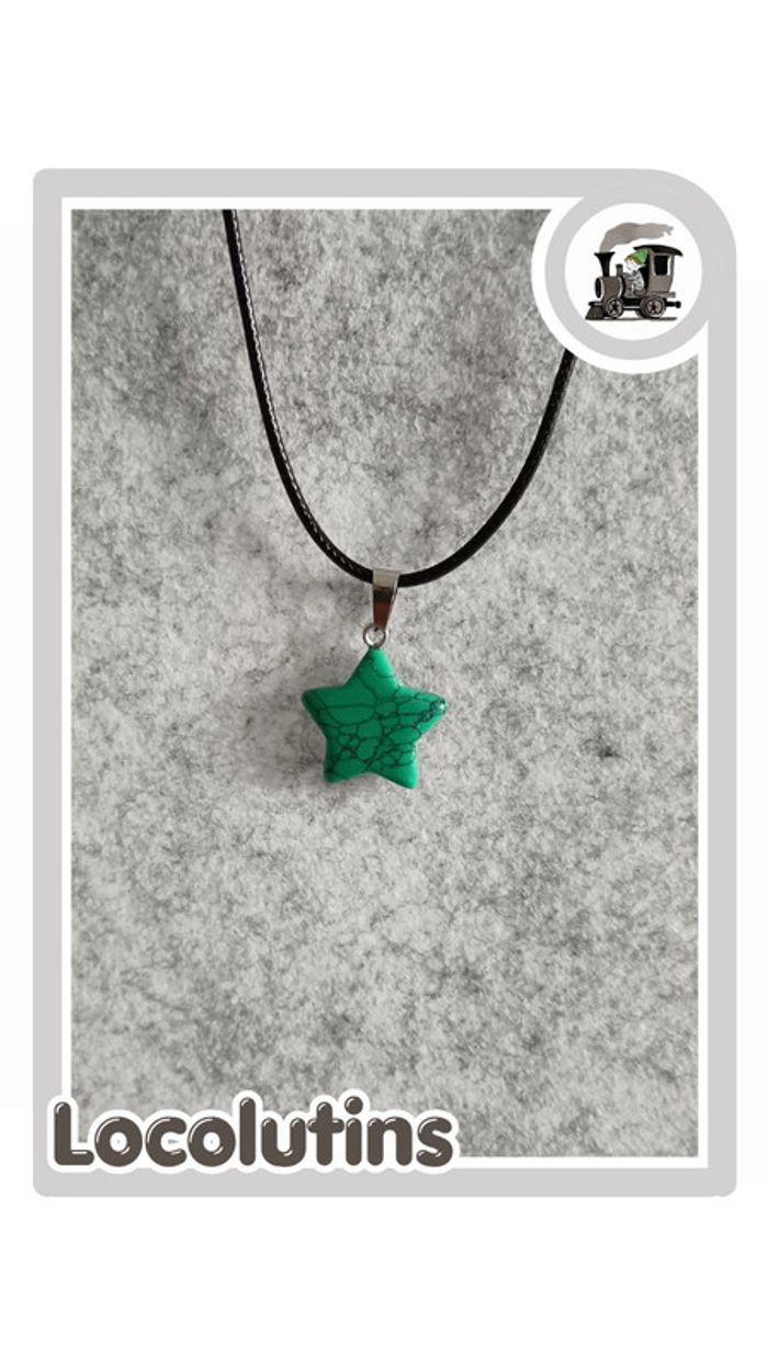 🚂 Collier porte-bonheur étoile vert d’eau – cordon noir ciré