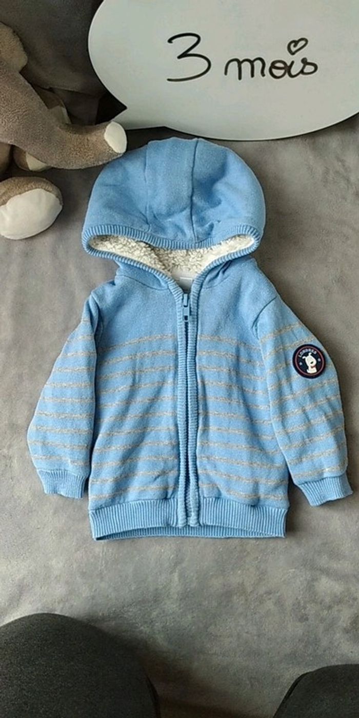 Gilet zippé bleu rayé gris fourré chaud Garçon 3 mois chien Londres Mes petits cailloux - photo numéro 2