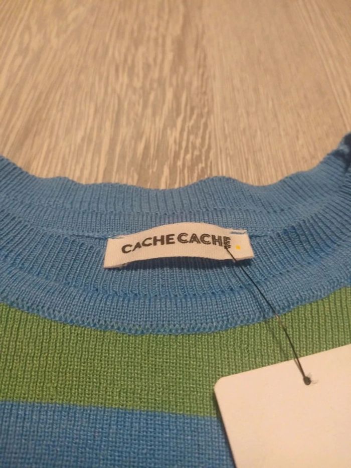 Pull fin cache cache a rayures bleu et vert taille M - photo numéro 3